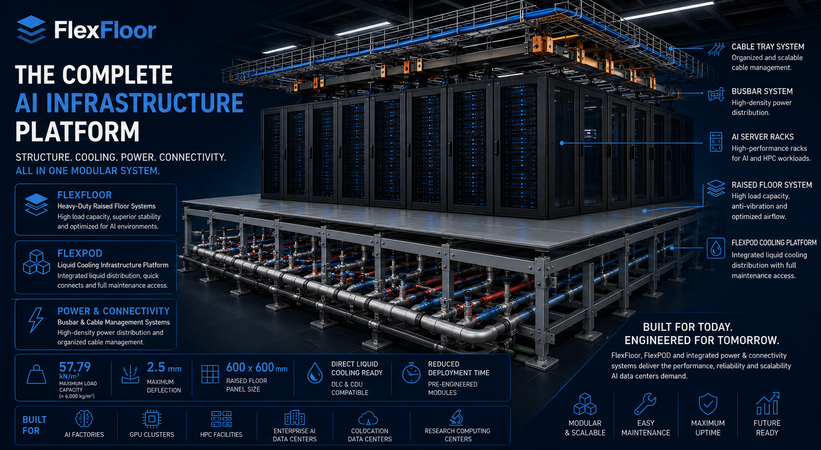 FlexPod AI cooling infrastructure platform — modular steel frame, raised floor panels, supply and return manifolds, quick connects, flexible hoses, pipe clamps, ball valves and support brackets